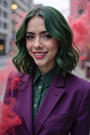  Art of a  joker Joker's twisted grin wearing her makeup face, her purple suit, red smoke , her green black hair, realistic city background  a realistic photo of a [very pretty 26 year old woman], looking [innocent, cute, flushed], [light] skin