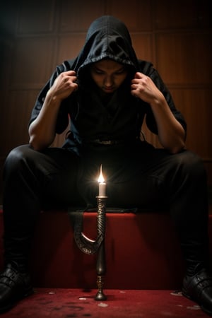 beaten up female assassin sitting on throne. holding her knives. dramatic lighting. hooded. cinematic