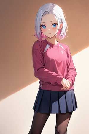 1 girl, with white hair with pink highlights, with sideburn fringe, with a schoolgirl skirt and long-sleeved sports shirt, black pantyhose, blue eyes, standing