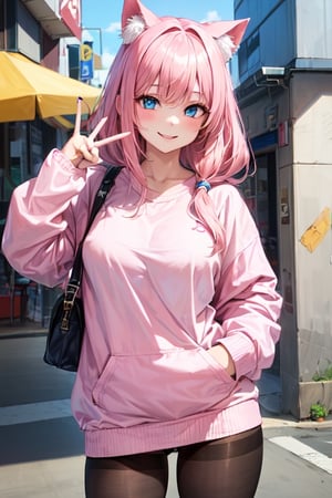 
1 girl, otaku, disheveled, with long pink hair, blue eyes, smiling, making peace sign with hands, wearing big pink sweatshirt covering thighs, black pantyhose