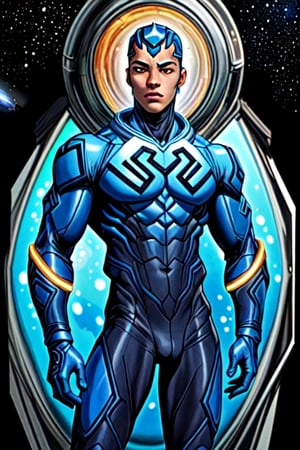 highly detailed, high quality, masterpiece, medium shot, beautiful, boy, alone, Blue Beetle, , muscular, sensual pose, adrenaline face, detailed background, outer_space ,1boy