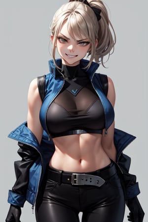 masterpiece, best quality, 1girl,  valorantJett, short ponytail, blue jacket, sleeveless, cropped jacket, belt, black pants, black gloves, upper body, furrowed brow, smirk, looking at viewer, cowboy shot, big tits, big neckline, medium body