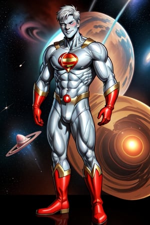 1boy, captain atom from DC Comics, silver skin , red gloves, red boots, atom symbol on the chest, silver hair, highly detailed, high quality, masterpiece, medium short shot, beautiful, boy, alone, sensual pose, happy face, detailed background, outer space, muscular