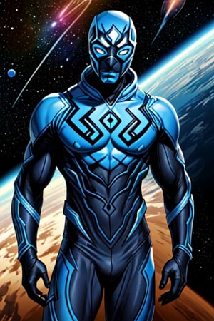 highly detailed, high quality, masterpiece, medium shot, beautiful, boy, alone, Blue Beetle, , muscular, sensual pose, adrenaline face, detailed background, outer_space ,1boy, remove mask