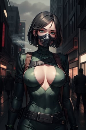 masterpiece, best quality, valorantViper, green eyes, gloves, belt, respirator, green smoke, darkness, smoke, city streets, grey skies, ocean , big tits, big neckline, medium body