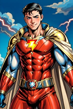 1boy, shazam from DC Comics, red suit, golden lightning symbol on chest, golden belt, golden gloves, white cape, black hair, highly detailed, high quality, masterpiece, medium short shot, beautiful, boy, alone, sensual pose, happy face, detailed background, sky , muscular
