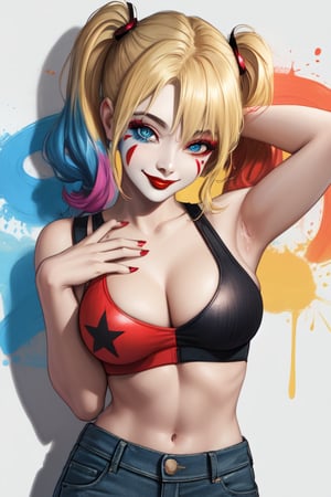  (medium shot), from the front, Harley Quinn, (perfect face: 1.3), (face details: 1.3), (symmetrical eyes: 1.3), (red lips: 1.3), (smiling face expression: 1.3), blonde, (two pony tails), face paint, wearing white sports bra, (tasty breasts: 1.3), (short jean shorts), slim waist, paint splatter background, (sexy pose: 1.3), ((hands stretched over head)), vibrant colors, dramatic lighting, (casted shadows), detailed background, masterpiece, big tits, big neckline