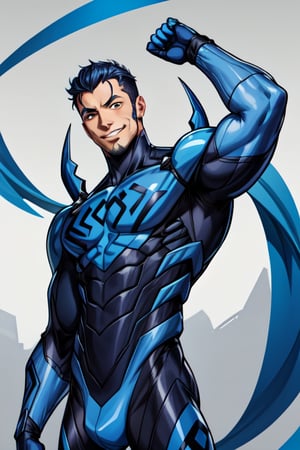 score_9, score_8_up, score_7_up, score_6_up, source_anime, 1boy, male focus, solo, blue beetle suit, muscular, smile, medium body, shirtless