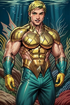1boy, aquaman from DC Comics, gold suit with scales, green gloves, yellow hair, green pants with scales,, highly detailed, high quality, masterpiece, medium short shot, beautiful, boy, alone, sensual pose, happy face, detailed background, underwater, muscular