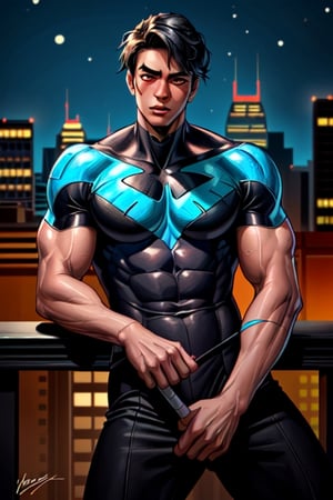 highly detailed, high quality, masterpiece, medium shot, beautiful, boy, alone, nightwing, sensual pose, sensual face, detailed background, night city, muscular