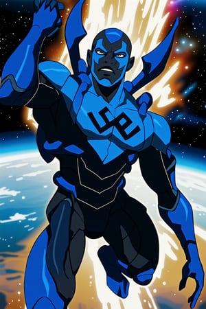 Muscular Bara,SUKUNA,1boy, ,Blue_Beetle, highly detailed, high quality, masterpiece, medium short shot, beautiful, boy, alone, shirtless, muscular, action pose, adrenaline face, detailed background, outer space, flying