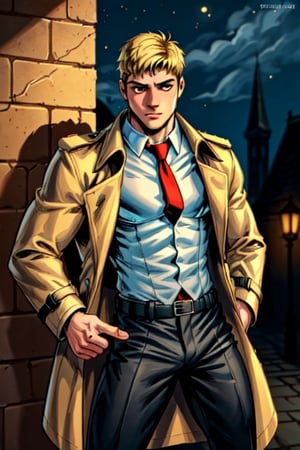 1boy, constantine from DC Comics, white shirt, red tie, black pants, blonde hair, trench coat, highly detailed, high quality, masterpiece, medium short shot, beautiful, boy, alone, sensual pose, adrenaline face, detailed background, night city, muscular
