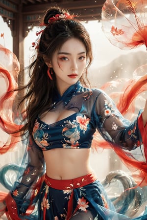 (Masterpiece, best quality: 1.5), (Fantasy photo), a girl in an elegant Tang suit, surrounded by a swirling ink effect, (the costume is extremely transparent tulle: 1.5), revealing her belly, a sea of ​​red and black. Standing elegantly inside, looking into the distance and deep in thought, denim lens, gentle expression, fair skin, beautiful face, smile, sexy lips, delicate and perfect face, perfect proportions, ((Big breasts: 2)), nipple stimulation Protruding, half-naked, slim waist, navel, crotch gap, big butt, sexy thighs, beautiful legs, graceful curves, ink dances gracefully around her, creating a dreamy atmosphere, soft lighting, soft lighting, ambient lighting, (dynamic poses, Changing postures, dynamic angles,),
The body turns 109 degrees, sparkling, Dunhuang,