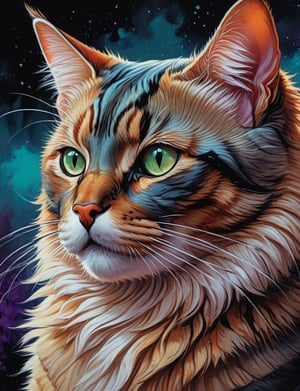 Detailed , closeup of a cat,  drawn in a vibrant and colorful fantasy oil painting style , realistic fantasy artwork, dark fantasy background, Greg Rutkowski, Magali Villeneuve,, comic book,potma style