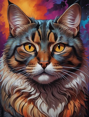 Detailed , closeup of a cat,  drawn in a vibrant and colorful fantasy oil painting style , realistic fantasy artwork, dark fantasy background, Greg Rutkowski, Magali Villeneuve,, comic book,potma style