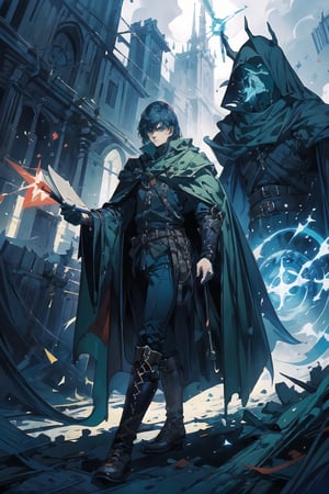 young man, tall, with dark blue hair, green eyes, short red cape, black pants,blue shirt, medieval boots. walk in destroyrd city, spell book in hand castin spell,nodf_lora