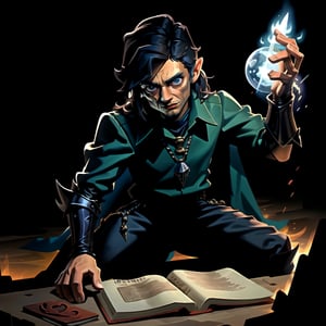 masterpiece,dark haired male spell caster in ruined city, black pants, blue shirt, holding a spellbook in left hand , casting spell with right,1 line drawing,3D MODEL ,3d,n64style,wrenchftmfshn,nodf_lora