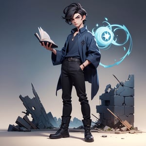 masterpiece,dark haired male spell caster in ruined city, black pants, blue shirt, holding a spellbook in left hand , casting spell with right,1 line drawing,3D MODEL 