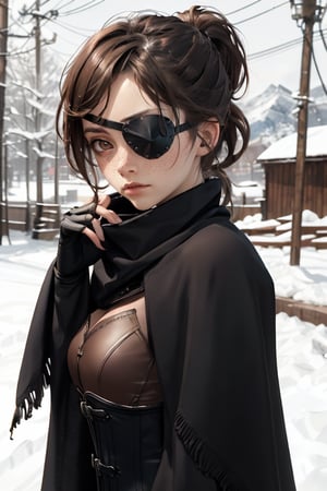 1girl, brown hair, high short ponytail, sideswept fringe, clean brushed haircut, brown eyes, black poncho, tactical corset, black thight pants, fingerless black gloves, serious face, Snowy mountain, cute, freckles, cute and young but serious face, full cheeks, eyepatch on left

Highly detailed, sharp focus, UDR, 64k. Masterpiece, with a haunting atmosphere, and mood lighting.