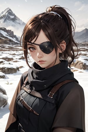 1girl, brown hair, high short ponytail, sideswept fringe, clean brushed haircut, brown eyes, black poncho, tactical corset, black thight pants, fingerless black gloves, serious face, Snowy mountain, cute, freckles, cute and young but serious face, full cheeks, eyepatch on left eyes

Highly detailed, sharp focus, UDR, 64k. Masterpiece, with a haunting atmosphere, and mood lighting.