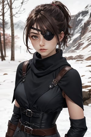 1girl, brown hair, high short ponytail, sideswept fringe, clean brushed haircut, brown eyes, black poncho, tactical corset, black thight pants, fingerless black gloves, serious face, Snowy mountain, cute, freckles, cute and young but serious face, full cheeks, eyepatch on left

Highly detailed, sharp focus, UDR, 64k. Masterpiece, with a haunting atmosphere, and mood lighting.