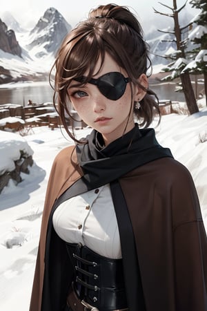 1girl, brown hair, high short ponytail, sideswept fringe, clean brushed haircut, brown eyes, black poncho, tactical corset, black thight pants, fingerless black gloves, serious face, Snowy mountain, cute, freckles, cute and young but serious face, full cheeks, eyepatch on left eyes

Highly detailed, sharp focus, UDR, 64k. Masterpiece, with a haunting atmosphere, and mood lighting.