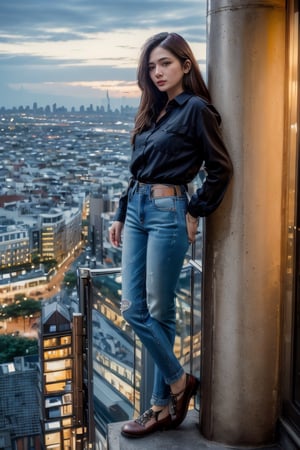 (Best Quality, High Resolution, Masterpiece: 1.3), A tall and beautiful woman, dark brown hair, loose wavy shape, details of face and skin texture beautifully presented, detailed eyes, double eyelids,Casual shirt, new perfect jeans, half-length shot, background, city night scene