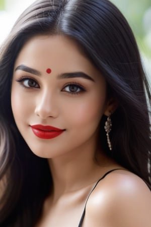 red lips, beautiful girl, armpits, beautiful eyes, jawline, black long hair, black eyes, realistic, naughty smile, beautiful fingers, bindi, 