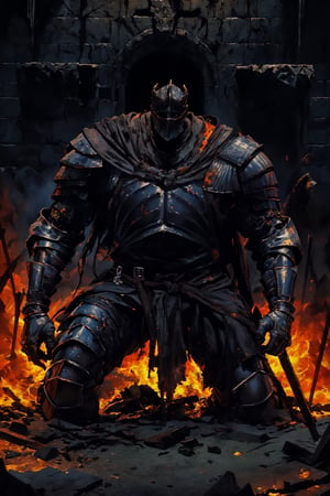 high quality, higher details, masterpiece, beautiful, 4k, 8k, epic (mid plane), lord od cinder, medieval knight with demonic features, heavy metal armor, tense, dramatic scene, muscle, detailed armor, lots of detail, high quality, lots of lighting,fire, in pain, chaos,