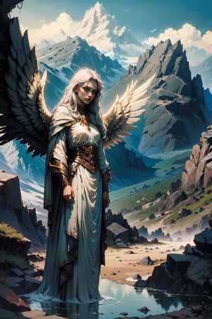 high quality, higher details, masterpiece, beautiful, 4k, 8k, epic ((full shot)), a pained angel standing with his back to the camera with white clothes and golden hair on a hill of rocks looking into the distance at the landscape of mountains and vegetation. Her wings are almost completely open and are white, the angel is a woman and her face cannot be seen.
,nodf_lora