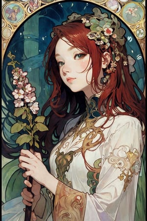 high quality, higher details, masterpiece, beautiful, 4k, 8k, epic ((full shot)), A young girl with long, straight red hair and very expressive eyes is floating in the middle of the night forest with a huge dress with many decorations. The dress is orange and has white ribbons. He is holding a magic staff. ((Alfons Mucha art style)) ((Alfons Mucha))
,shaded face,IncrsLunarPrincessRanni,NJI BEAUTY,nodf_lora,firefliesfireflies,wrenchrtranim,yu fuhua