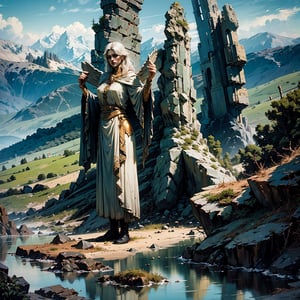 high quality, higher details, masterpiece, beautiful, 4k, 8k, epic ((full shot)), a pained angel standing with his back to the camera with white clothes and golden hair on a hill of rocks looking into the distance at the landscape of mountains and vegetation. Her wings are almost completely open and are white, the angel is a woman and her face cannot be seen.
,nodf_lora