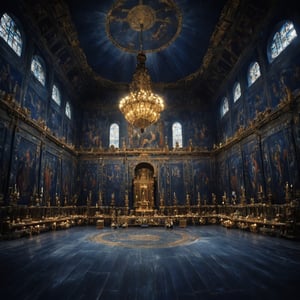 high quality, higher details, masterpiece, beautiful,

a large room representing the elite with worshipers in dark blue tones

