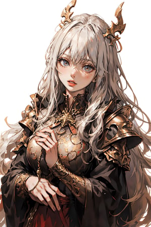 high quality, higher details, masterpiece, beautiful, 4k, 8k, epic (medium long shot), 1 girl, blonde woman, with detailed golden mask on her face, her eyes cannot be seen, elegant red dress, posing for portrait, portrait, dark age, white background, illuminated place, hands in prayer position, detailed ornaments hanging from the neck ,
,fantasy,perfect,hehe,nodf_lora