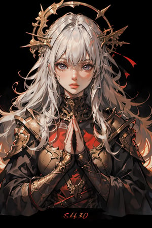 high quality, higher details, masterpiece, beautiful, 4k, 8k, epic (medium long shot), 1 girl, blonde woman, with detailed golden mask on her face, covered eyes, elegant red dress, posing for portrait, portrait, dark age, white background, illuminated place, hands in prayer position, detailed ornaments hanging from the neck ,
,fantasy,perfect,hehe,nodf_lora