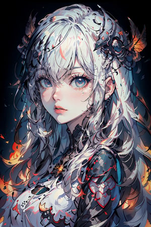 high quality, high detail, masterpiece, beautiful, (mid plane), 1 girl, large white hair, dark clothes whit dark feather details, covered eyes with a cloth dark, animeliner, desillusionRGB, portrait, sad, closeup, sci-fi, fantasy,nodf_lora,Beautiful Portrait,firefliesfireflies