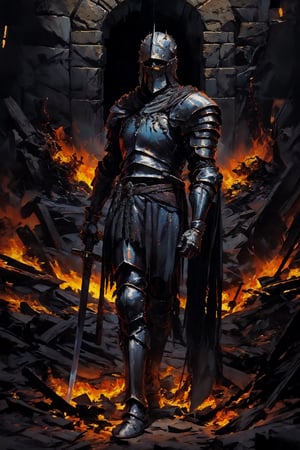 high quality, higher details, masterpiece, beautiful, 4k, 8k, epic (mid plane), medieval knight with demonic features, heavy metal armor, tense, dramatic scene, muscle, detailed armor, lots of detail, high quality, lots of lighting,grabing sword, sword, fire, in pain