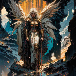 high quality, higher details, masterpiece, beautiful, 4k, 8k, epic ((full shot)), a pained angel standing with his back to the camera with white clothes and golden hair on a hill of rocks looking into the distance at the landscape of mountains and vegetation. Her wings are almost completely open and are white, the angel is a woman and her face cannot be seen. ((5 fingers))
,nodf_lora,Angel
