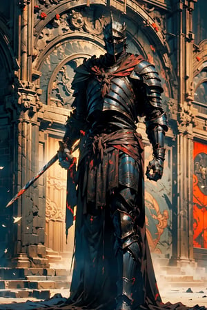 high quality, higher details, masterpiece, beautiful, 4k, 8k, epic ((full body shot)), knight's high-ranking armor

The armor of a high-ranking knight would be impressive and elaborate, designed for both protection and to showcase their status and power. It would be made of the highest-quality tempered steel or forged iron, with intricate handcrafted details and gold or silver ornamentation denoting their authority.

The helm would be imposing, with a decorated visor and additional face and neck protection. Adornments on the helm might include protruding feathers or crests, indicating their status as a military leader or noble.

The breastplate and pauldrons would be broad and sturdy, providing maximum protection for the torso and shoulders. They would be decorated with heraldic emblems identifying their lineage and loyalties.

The greaves and sabatons would be designed to protect the legs and feet while allowing necessary mobility on the battlefield. They might feature intricate engravings reflecting the knight's history and deeds.

In addition to the main armor, the knight might wear an elaborate cape of bright colors, adorned with symbols of their house or kingdom. This cape would not only provide some additional protection but also add a touch of elegance and majesty to their appearance.

Overall, the armor of a high-ranking knight would be an impressive and functional work of art, reflecting their status, power, and skill in battle.,Soul_of_Cinder,Artorias,nodf_lora,weapon