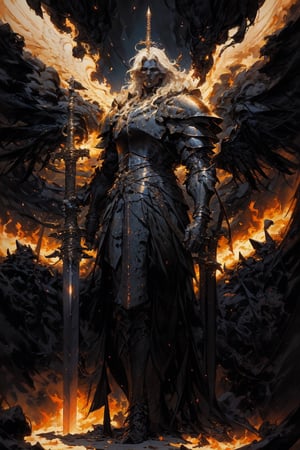 high quality, higher details, masterpiece, beautiful, 4k, 8k, epic (full shot plane), medieval knight with demonic features, heavy metal armor, tense, dramatic scene, muscle, detailed armor, lots of detail, high quality, lots of lighting,grabing sword, sword, fire, swords in floor ,Angel