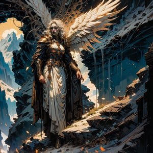 high quality, higher details, masterpiece, beautiful, 4k, 8k, epic ((full shot)), a pained angel standing with his back to the camera with white clothes and golden hair on a hill of rocks looking into the distance at the landscape of mountains and vegetation. Her wings are almost completely open and are white, the angel is a woman and her face cannot be seen.
,nodf_lora,Angel