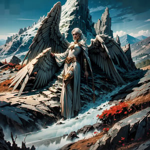 high quality, higher details, masterpiece, beautiful, 4k, 8k, epic ((full shot)), a pained angel standing with his back to the camera with white clothes and golden hair on a hill of rocks looking into the distance at the landscape of mountains and vegetation. Her wings are almost completely open and are white, the angel is a woman and her face cannot be seen.
,nodf_lora