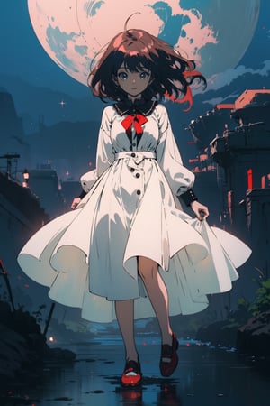 high quality, higher details, masterpiece, beautiful, 4k, 8k, epic (mid plane), la happy girl with long black hair wearing a dress with decorations and red shoes, anime style 90´s

