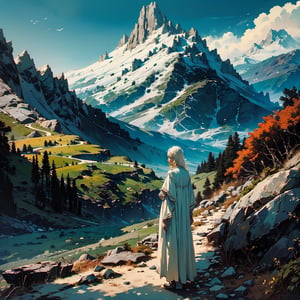 high quality, higher details, masterpiece, beautiful, 4k, 8k, epic ((full shot)),1 woman standing with his back to the camera with white clothes and golden hair on a hill of rocks looking into the distance at the landscape of mountains and vegetation,nodf_lora