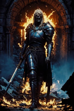 high quality, higher details, masterpiece, beautiful, 4k, 8k, epic (mid plane), medieval knight with demonic features, heavy metal armor, tense, dramatic scene, muscle, detailed armor, lots of detail, high quality, lots of lighting,grabing sword, sword, fire, in pain
