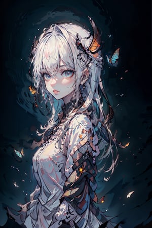 high quality, high detail, masterpiece, beautiful, (mid plane), 1 girl, large white hair, dark clothes whit dark feather details, covered eyes with a cloth dark, animeliner, desillusionRGB, portrait, sad, closeup, sci-fi, fantasy,nodf_lora,Beautiful Portrait,firefliesfireflies