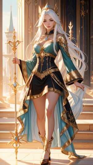 style_oil_painting
character_female_beautiful_Elementalist 
clothing_sexy_fantasy_short_skirt
background_tower 
features_holding_1_long_staff
hair_white_hair
detailed_face
detailed_hand
detailed_finger
portrait_full_body
DualWielding