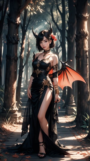 A beautiful Asian woman, sexy clotes, standing in forest, painting illustration, masterpiece, darkness outdoor background, Succubus, a pair Bat Wings and devil horns, Shoulder length short hair, full-body_portrait, 