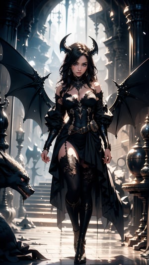 A beautiful adventuress , sexy clotes standing on to of the Dungeon overlooking abyss.  detailed background, dark fantasy, comic illustration, masterpiece,  Succubus, a pair Bat Wings and devil horns, 