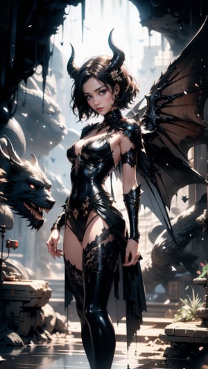 A beautiful girl, sexy clotes standing on to of the cave overlooking abyss.  detailed background, dark fantasy, comic illustration, masterpiece,  Succubus, a pair Bat Wings and devil horns, gentle and kind, japanese_girl, Shoulder length short hair,